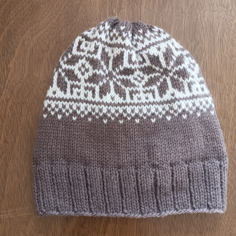 Hand Crafted Handknit Taupe Brown & Ivory Scandinavian Motif Beanie Hat OSFM